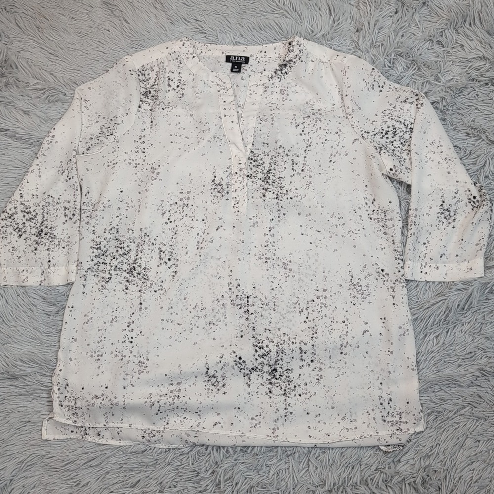 A.N.A. Shirt Womens M White‎ Splatter Sheer Top Blouse Casual Preppy Lightweight